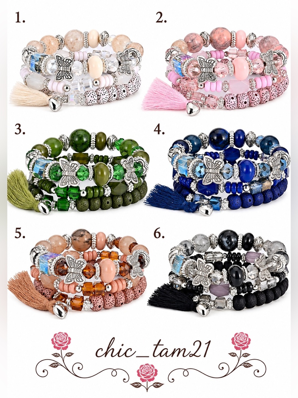 Chic Tam21 Pink Butterfly Charm Stackable Beaded Bracelet Set